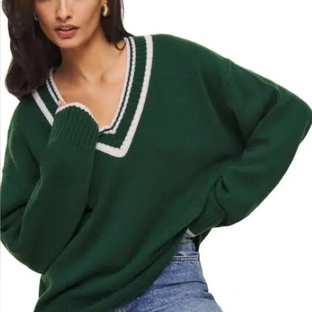 Reformation Dark Green V-Neck Sweater with Cream Trim
